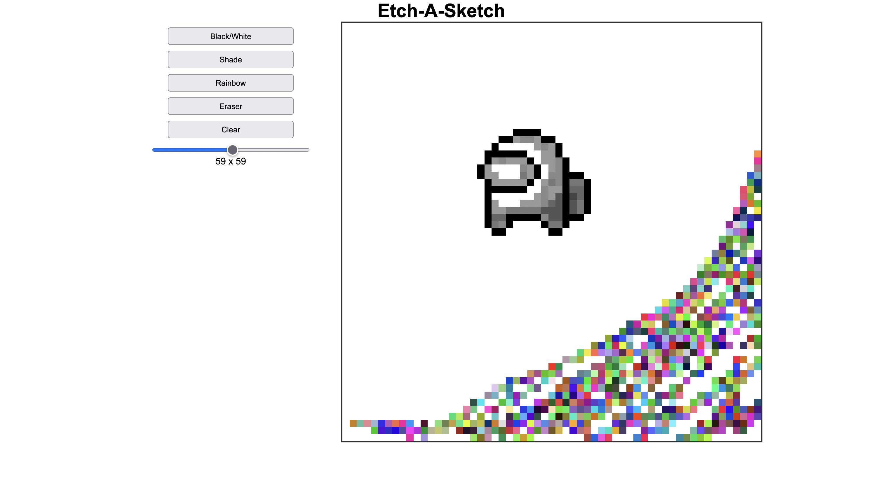 Desktop view of etch-a-sketch application. There is a crude drawing of a Last of Us like character drawn in black, white, and gray with a concave shading of random rainbow colors in the bottom right corner of the screen