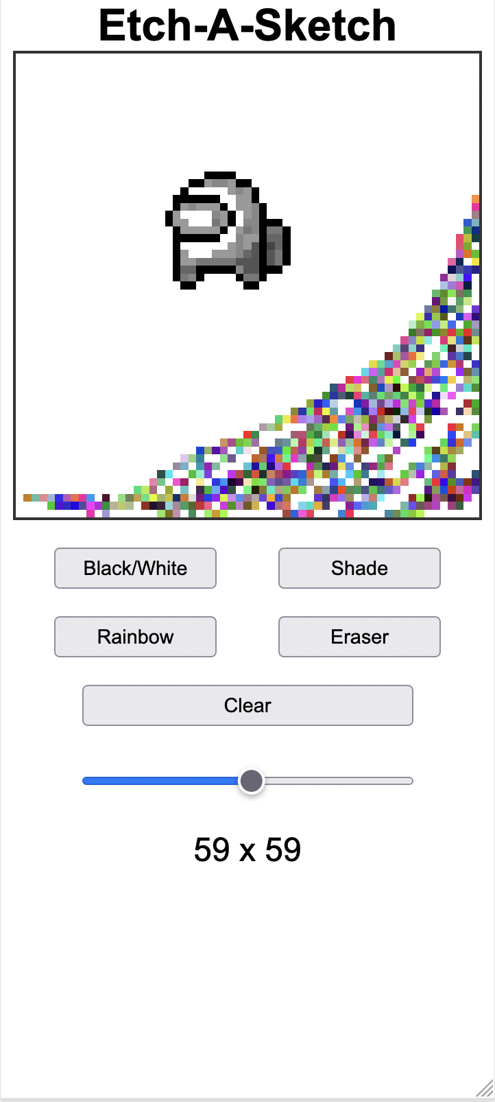 Mobile view of etch-a-sketch application. There is a crude drawing of a Last of Us like character drawn in black, white, and gray with a concave shading of random rainbow colors in the bottom right corner of the screen